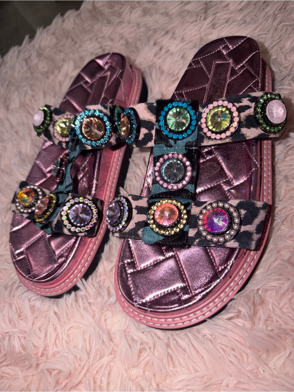 Metallic Pink Jeweled Slide Sandals with Multicolor Gems